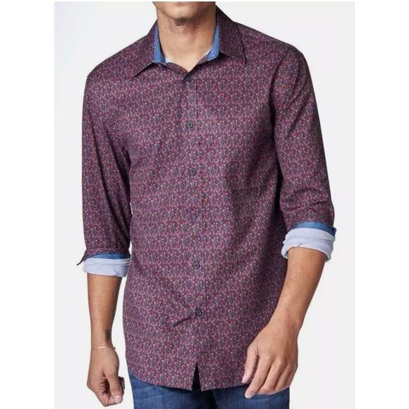 Society of Threads Red Floral Print Stretch Long Sleeve Button Up Size Medium - Picture 1 of 9